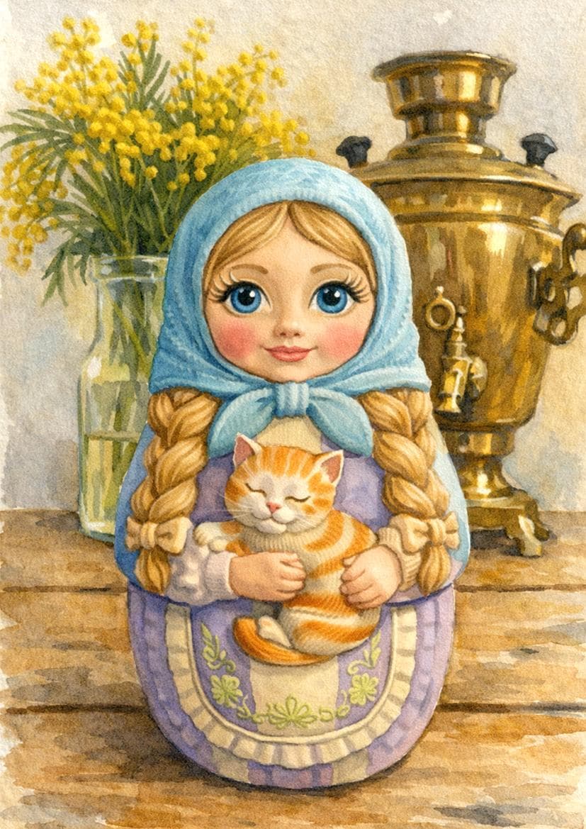 Открытка "Матрешка с котиком"
